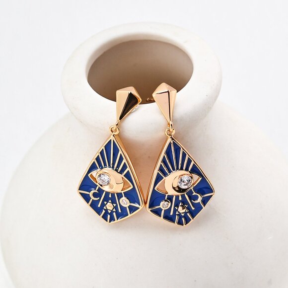 🧿 Artisan Original Design Blue Enamel Evil Eye Dangle Earrings | S925 - Picture 1 of 16